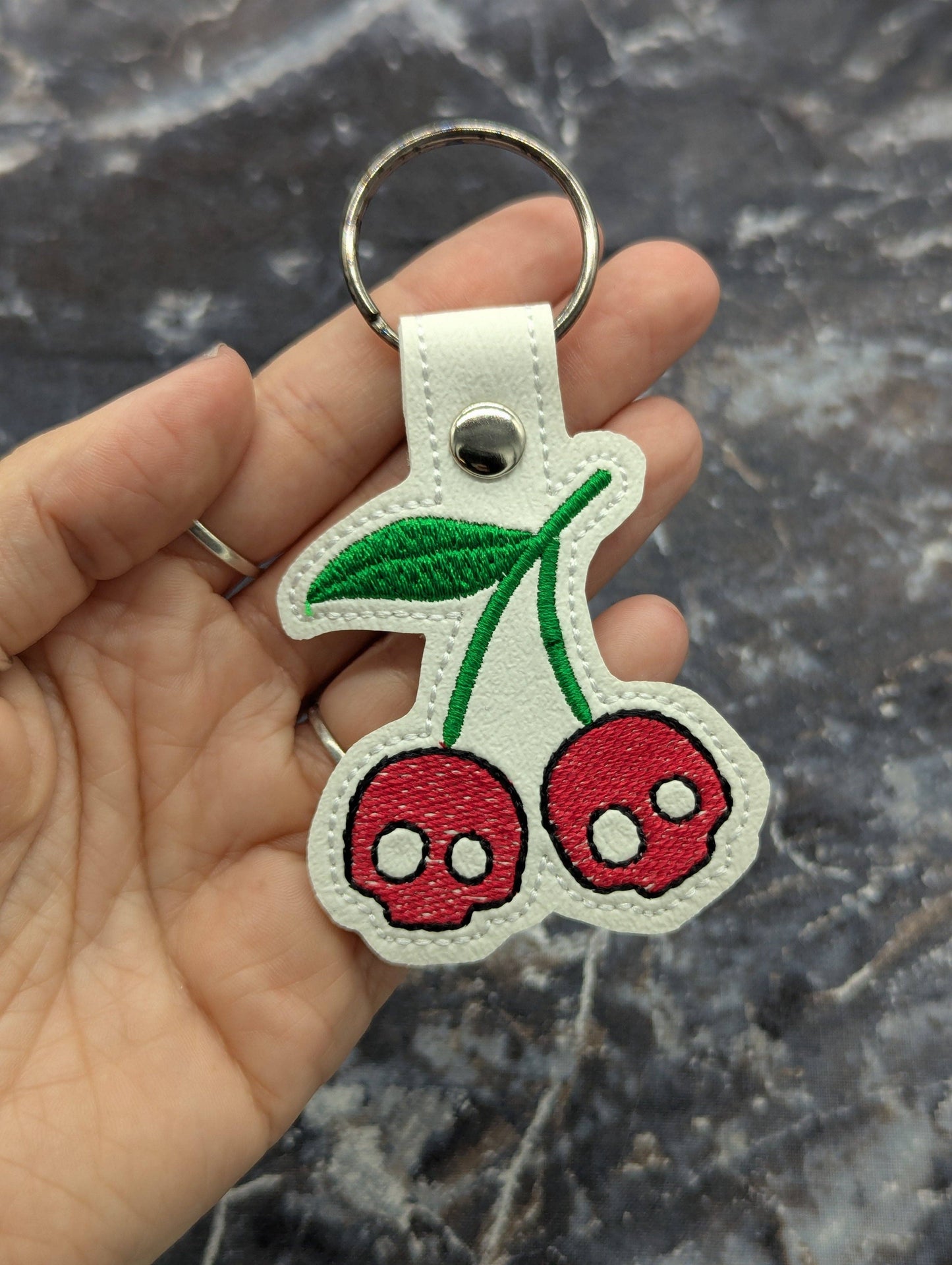Skull Cherries Key Fob - White Faux Leather