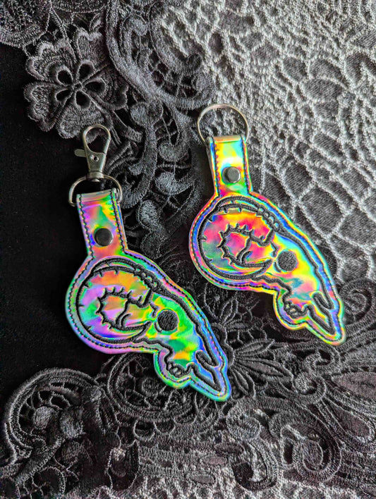 Silver Holo Ram Skull Embroidered Keychain - Holographic Vinyl with Gunmetal Hardware