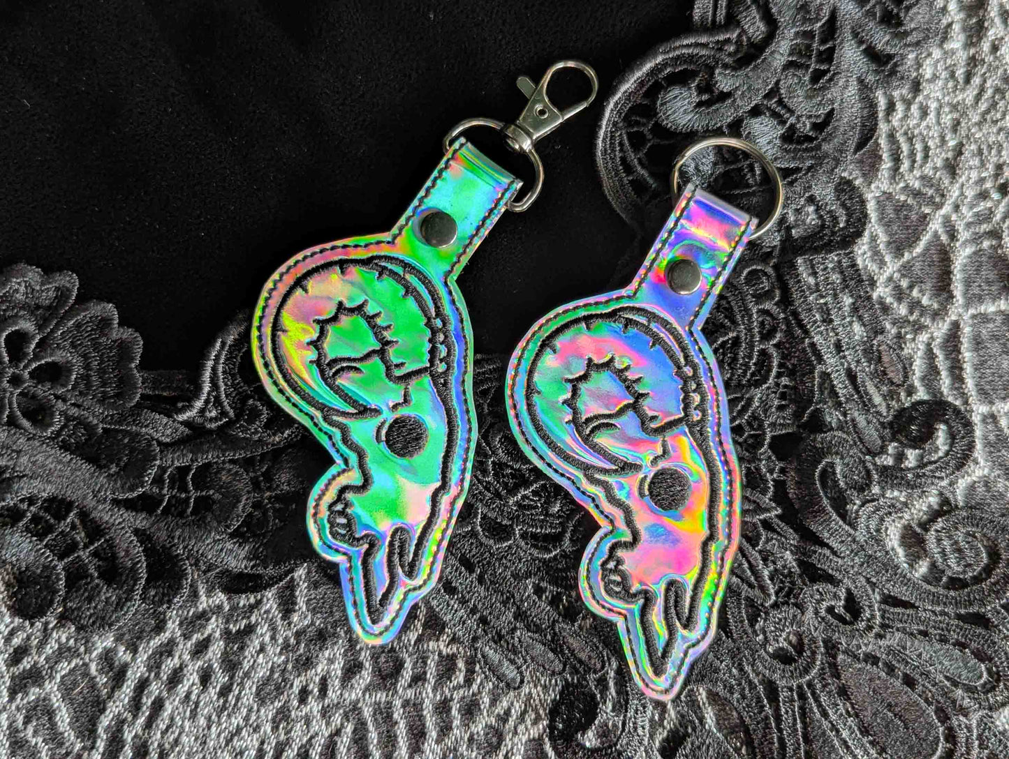 Silver Holo Ram Skull Embroidered Keychain - Holographic Vinyl with Gunmetal Hardware