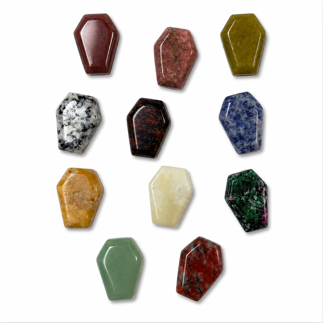 Mini coffin-shaped gemstone, polished with natural color variation