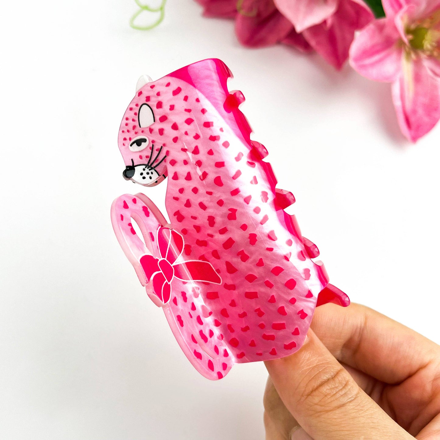 Pink Leopard Bow Acrylic Claw Clip