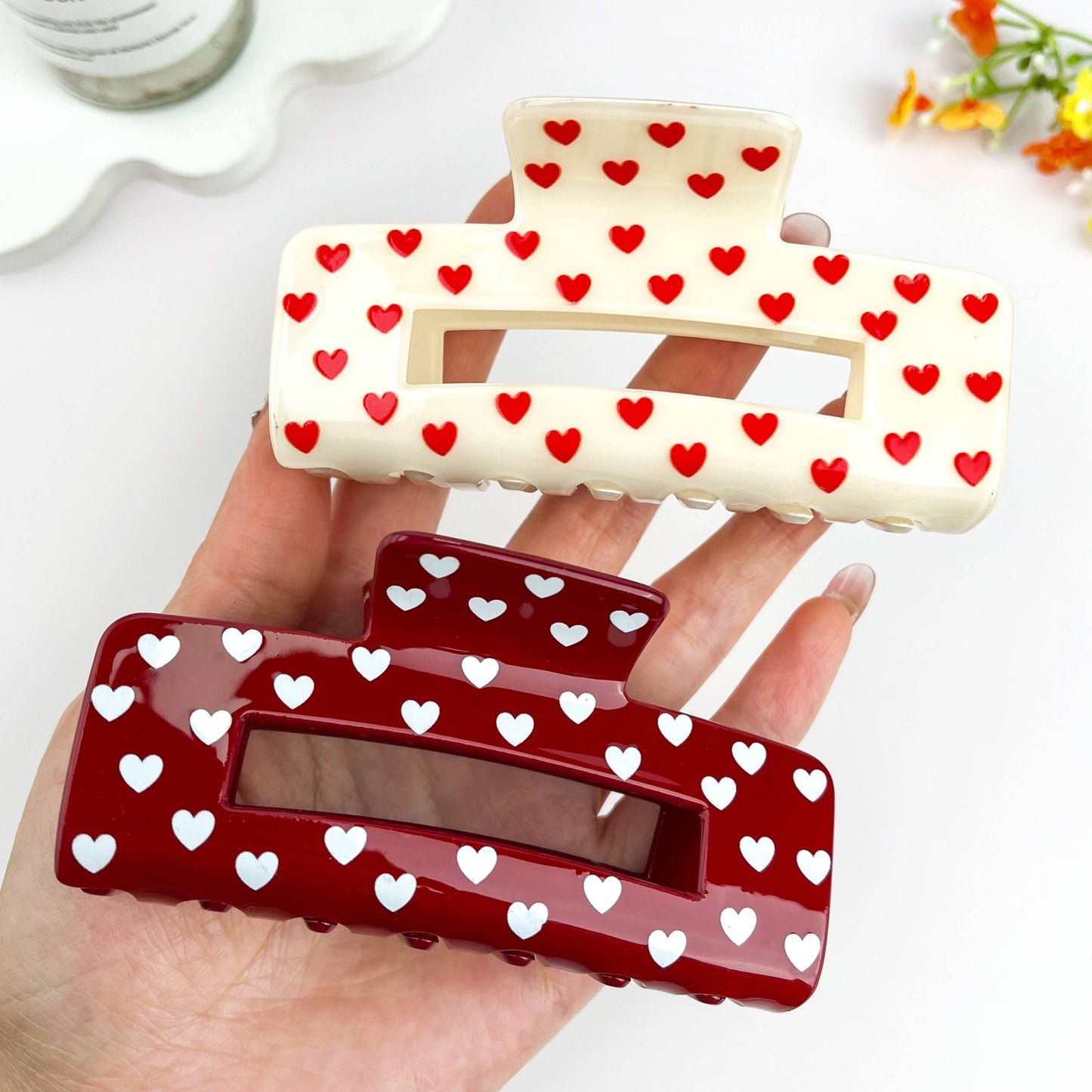 Over Size Valentine Heart Cutout Printed Hair Claw Clip
