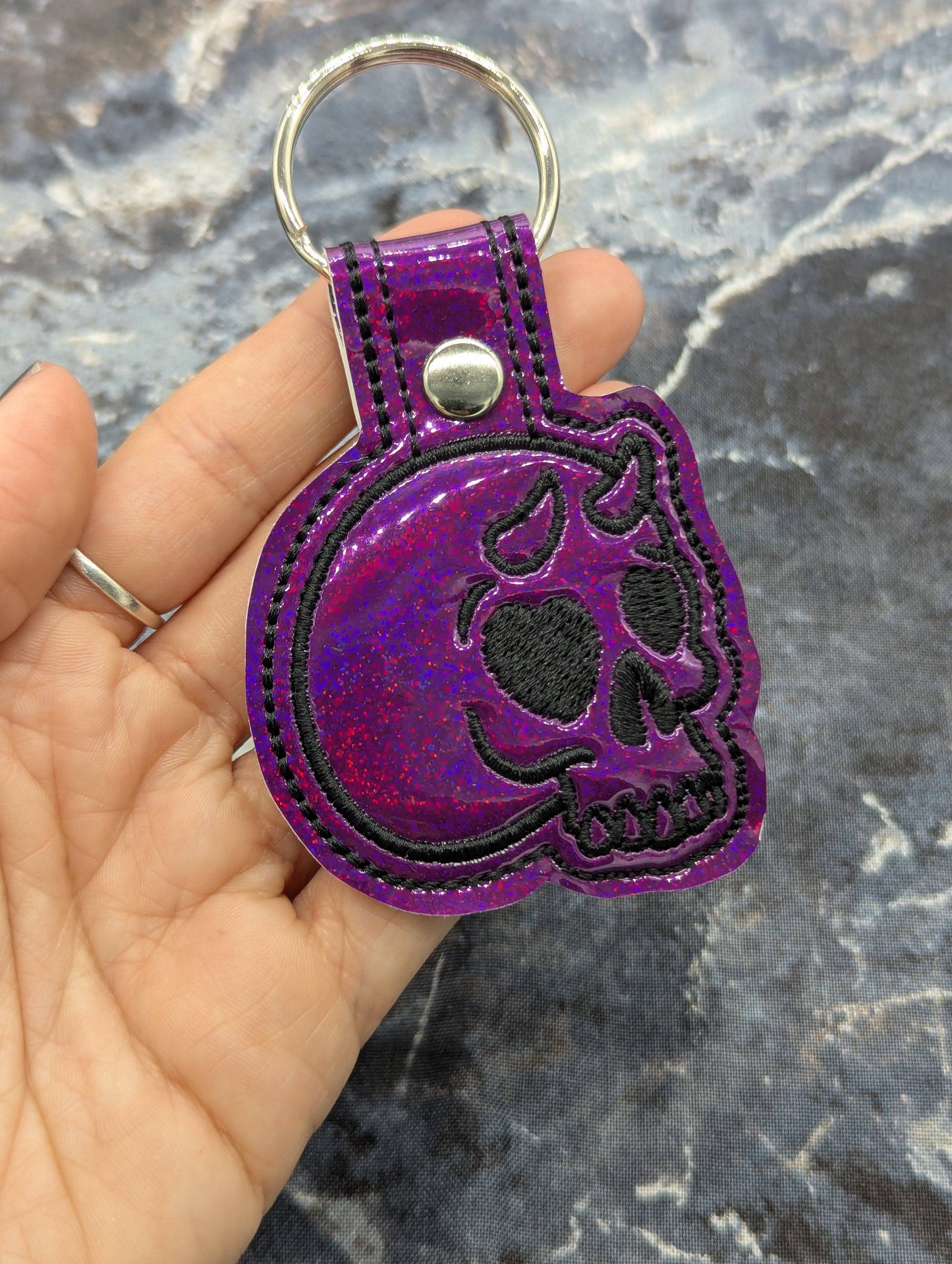 Demon Skull Embroidered Keychain - Berry Purple Holo Vinyl