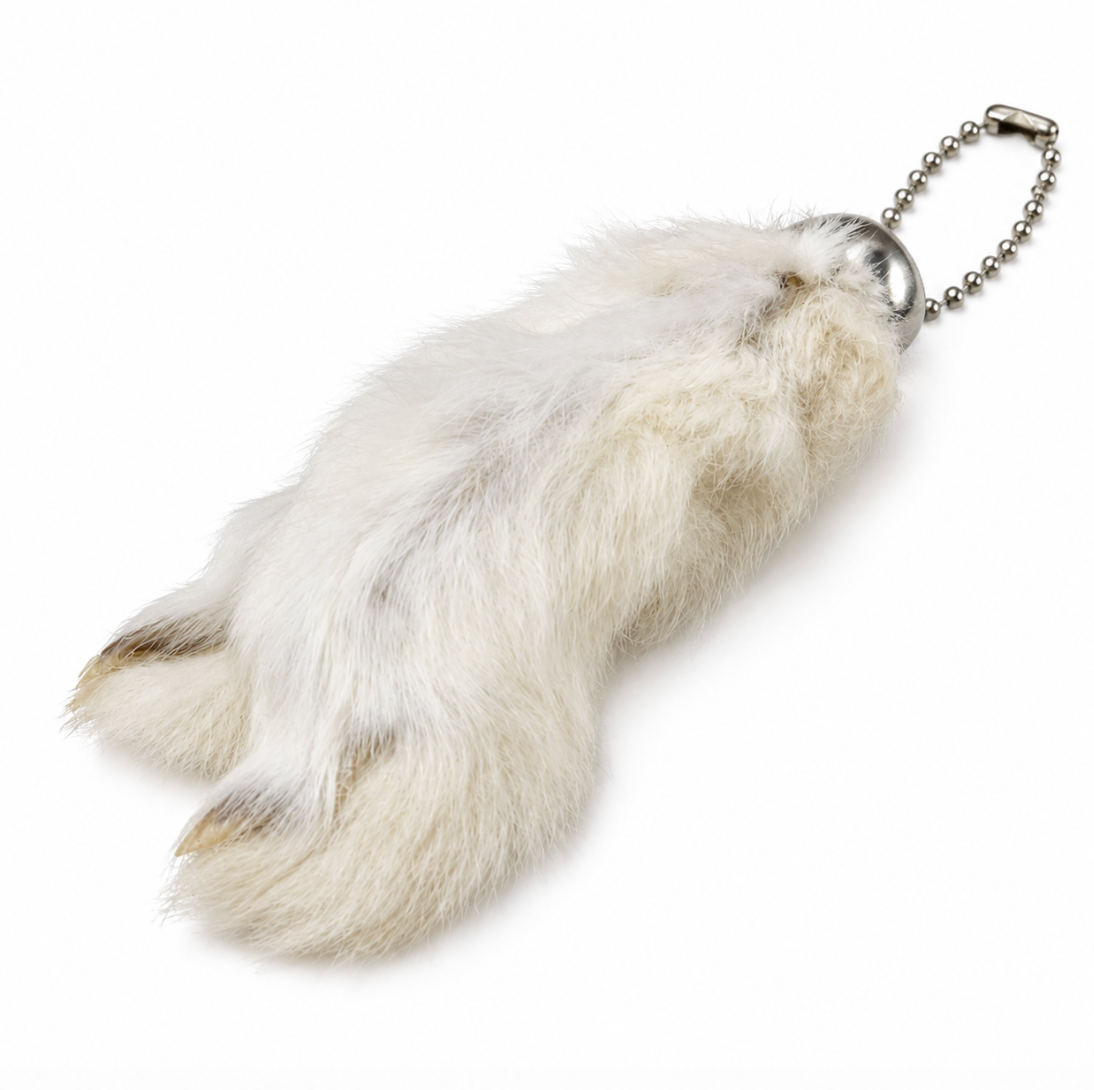 Rabbit foot keychain with silver-tone cap and ball chain