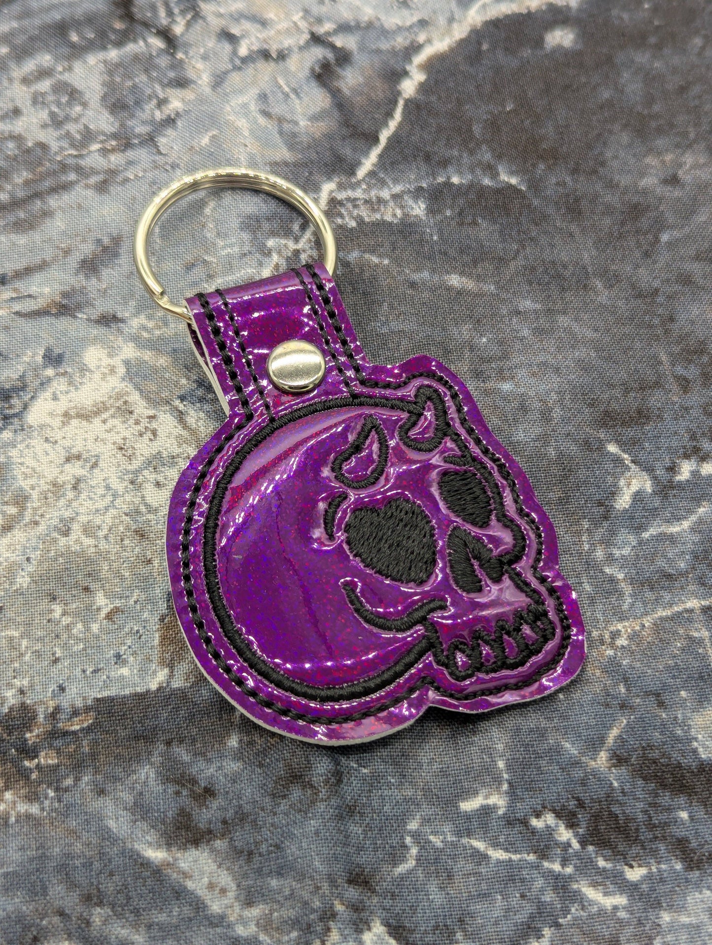 Demon Skull Embroidered Keychain - Berry Purple Holo Vinyl