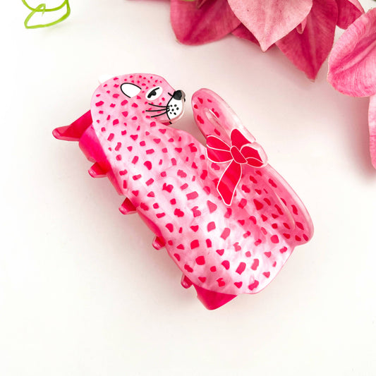 Pink Leopard Bow Acrylic Claw Clip