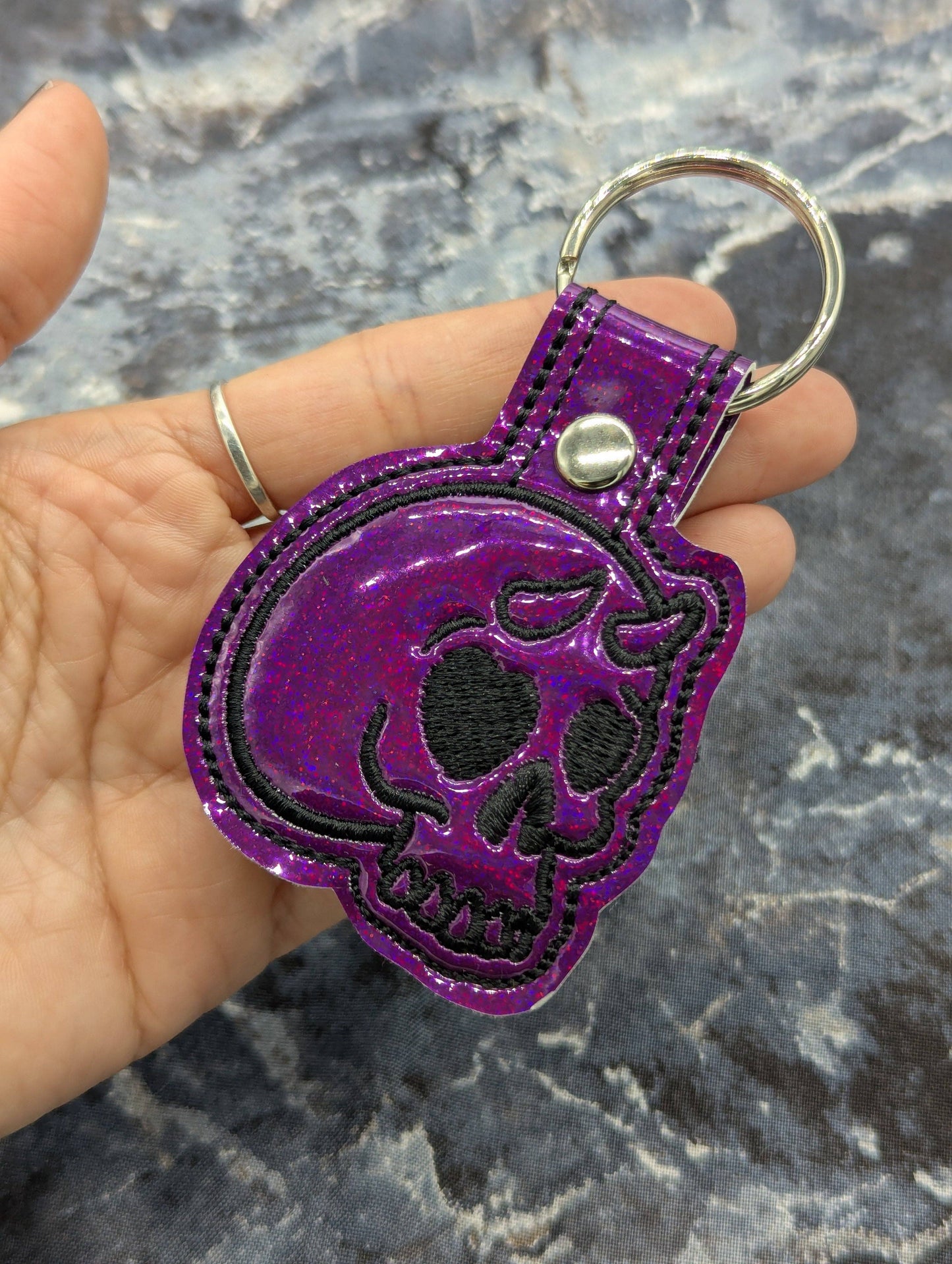Demon Skull Embroidered Keychain - Berry Purple Holo Vinyl