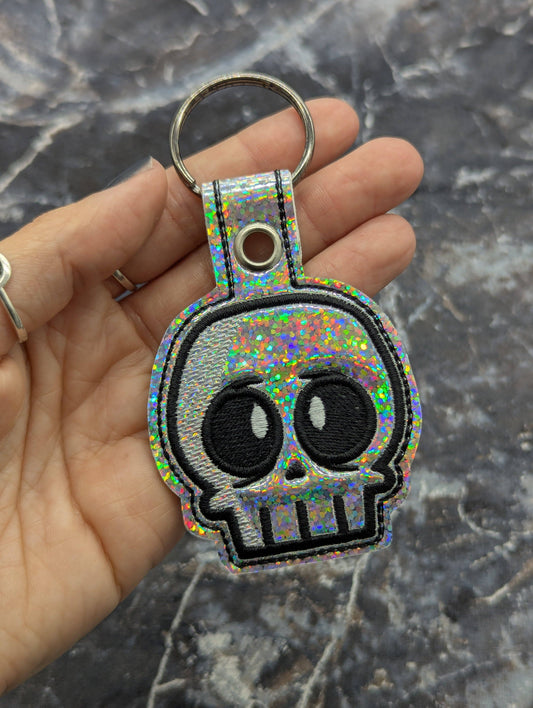 Anxiety Skull Keychain - Silver Holographic Glitter Vinyl