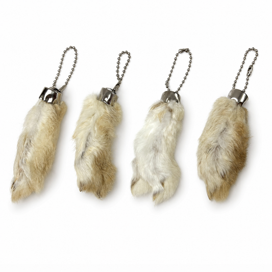 Rabbit foot keychain with silver-tone cap and ball chain