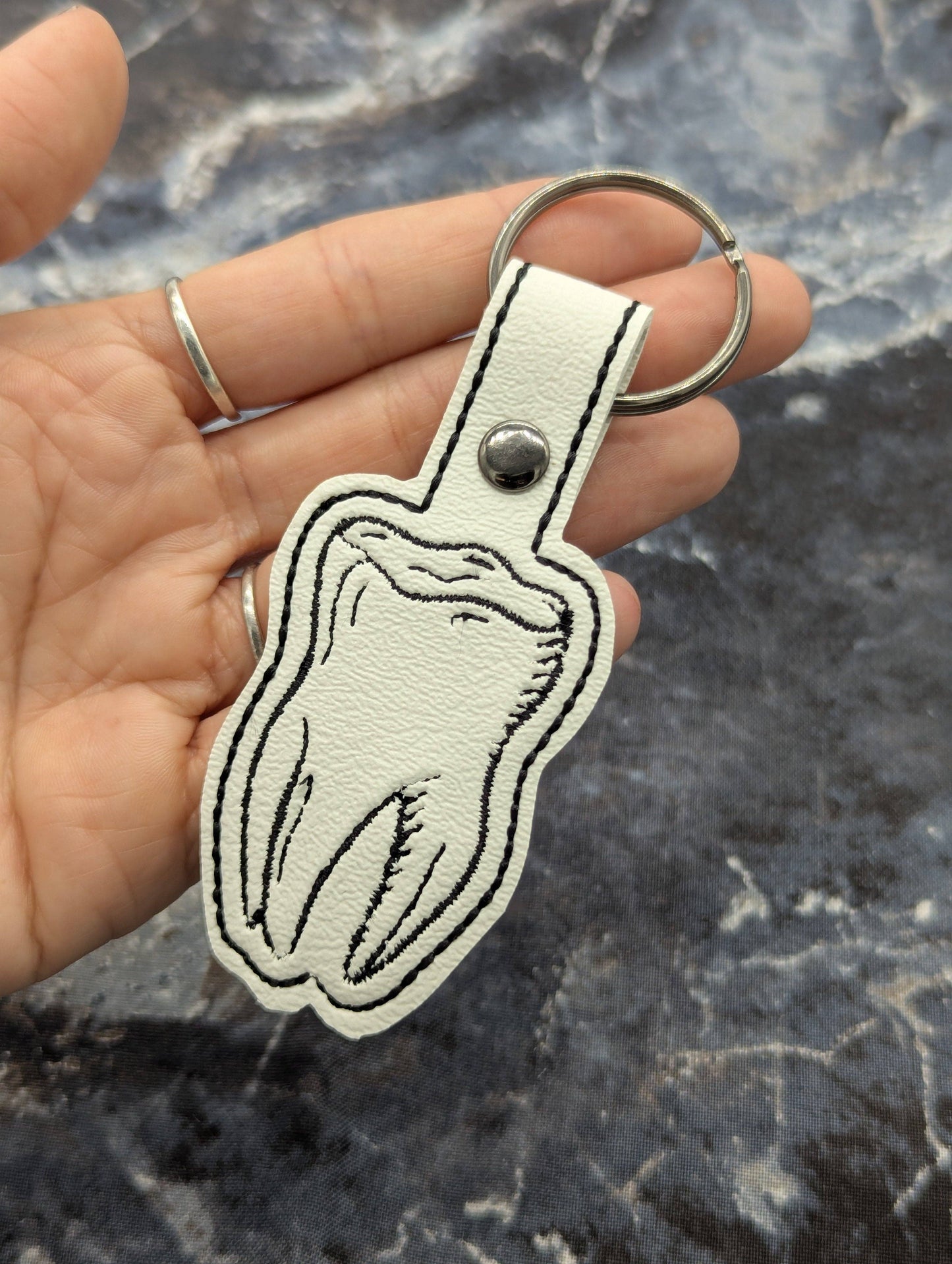 Wisdom Tooth Embroidered Keychain - White Faux Leather
