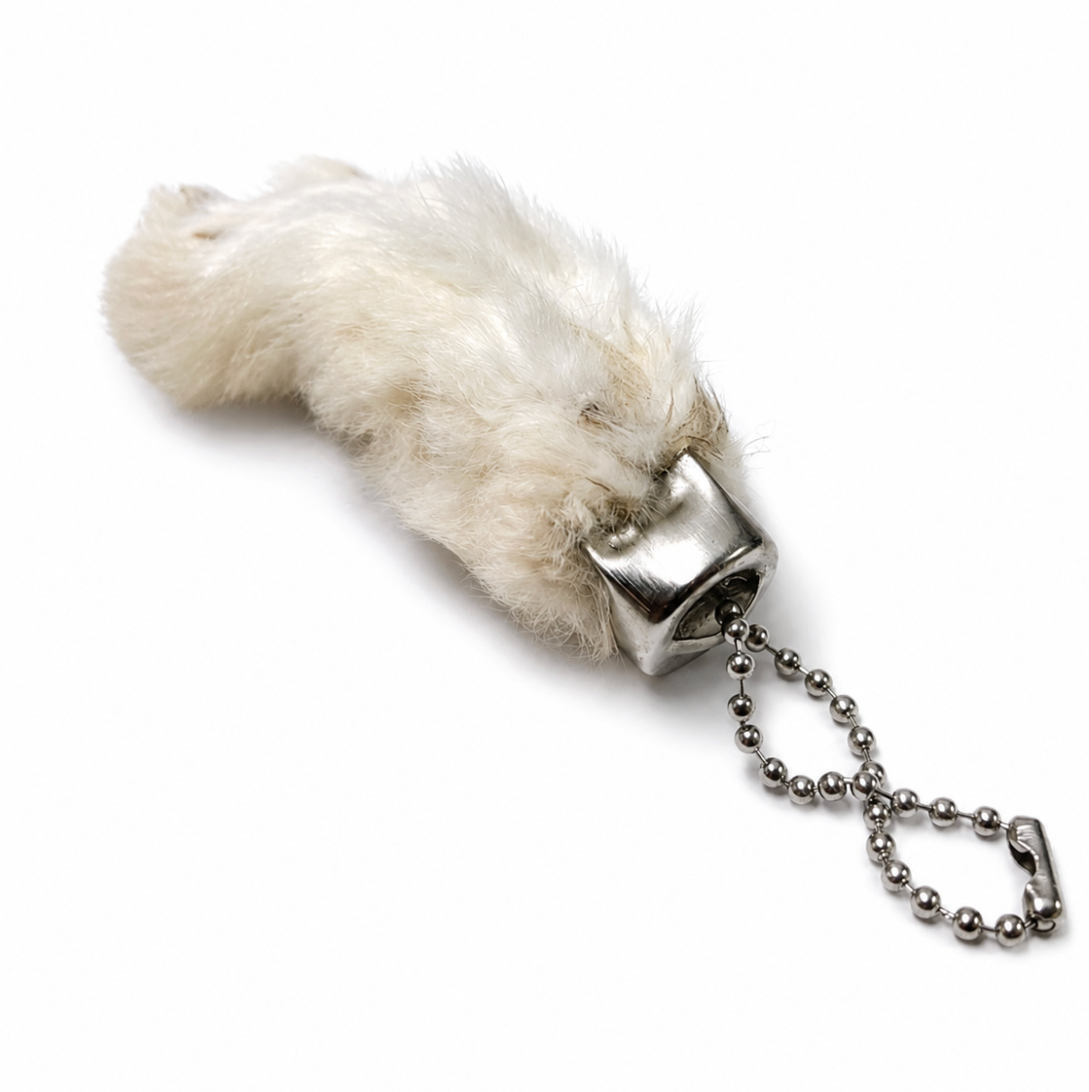 Rabbit foot keychain with silver-tone cap and ball chain