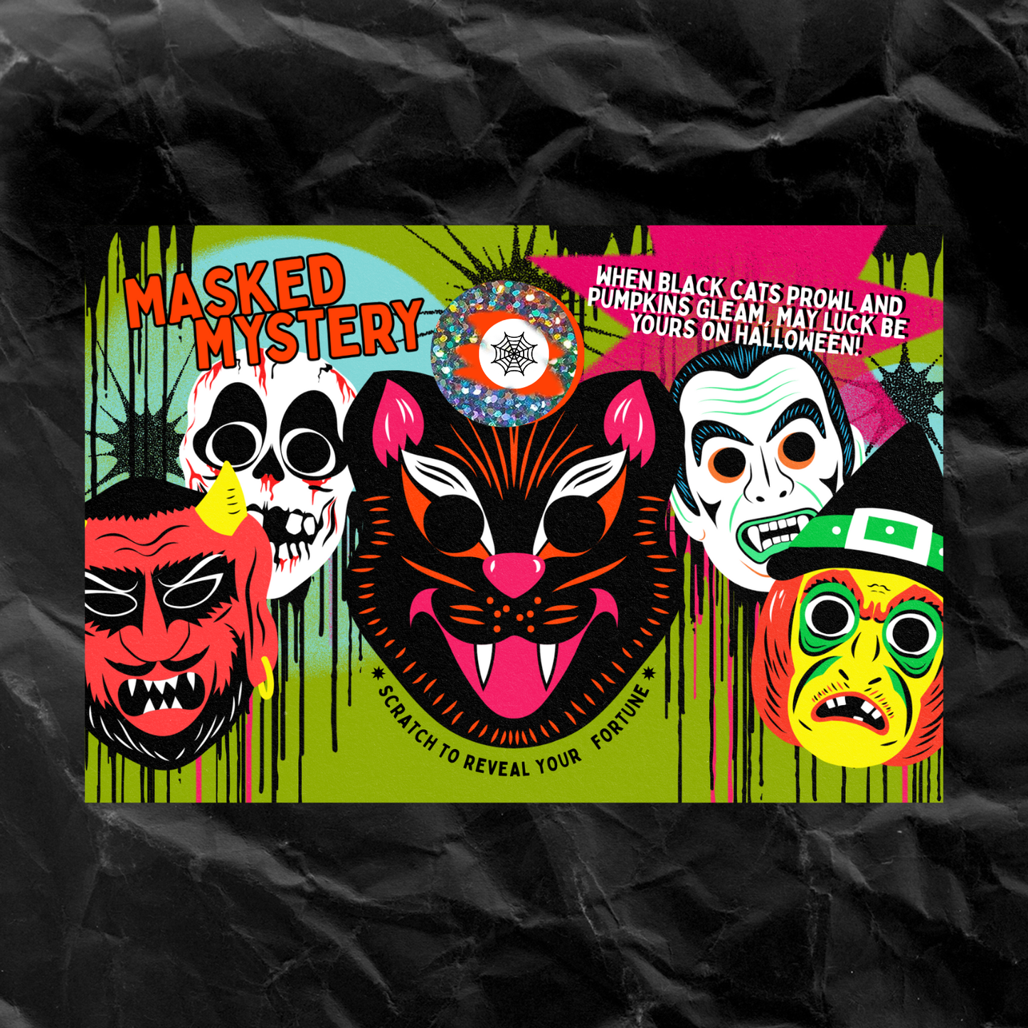 MASKED MYSTERY Vintage Halloween Scratch Off Fortune Card