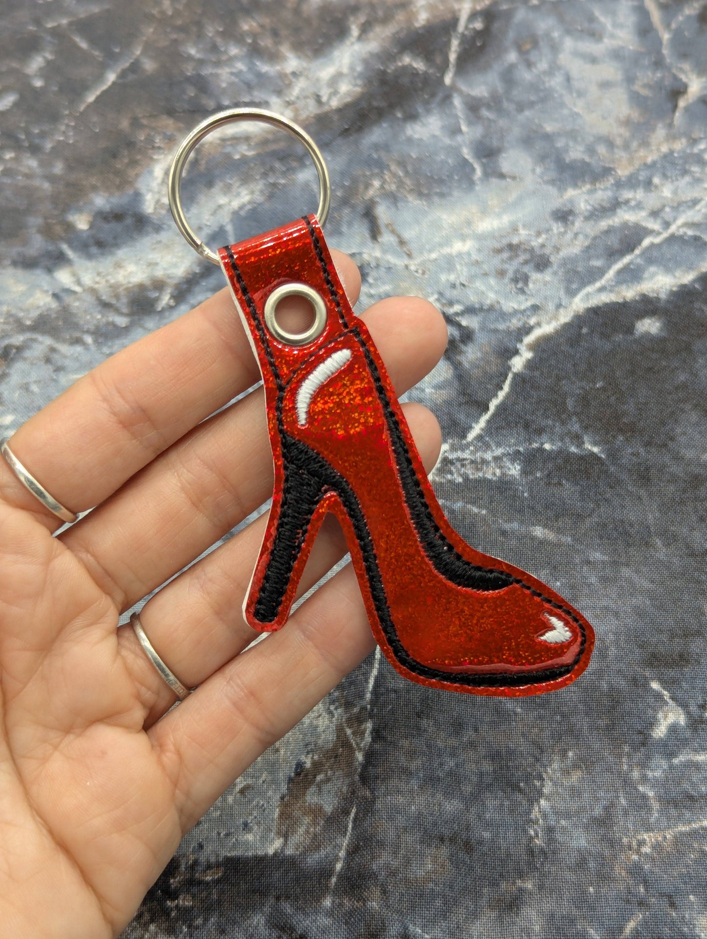 Red High Heel Embroidered Keychain - Red Holographic Sparkle