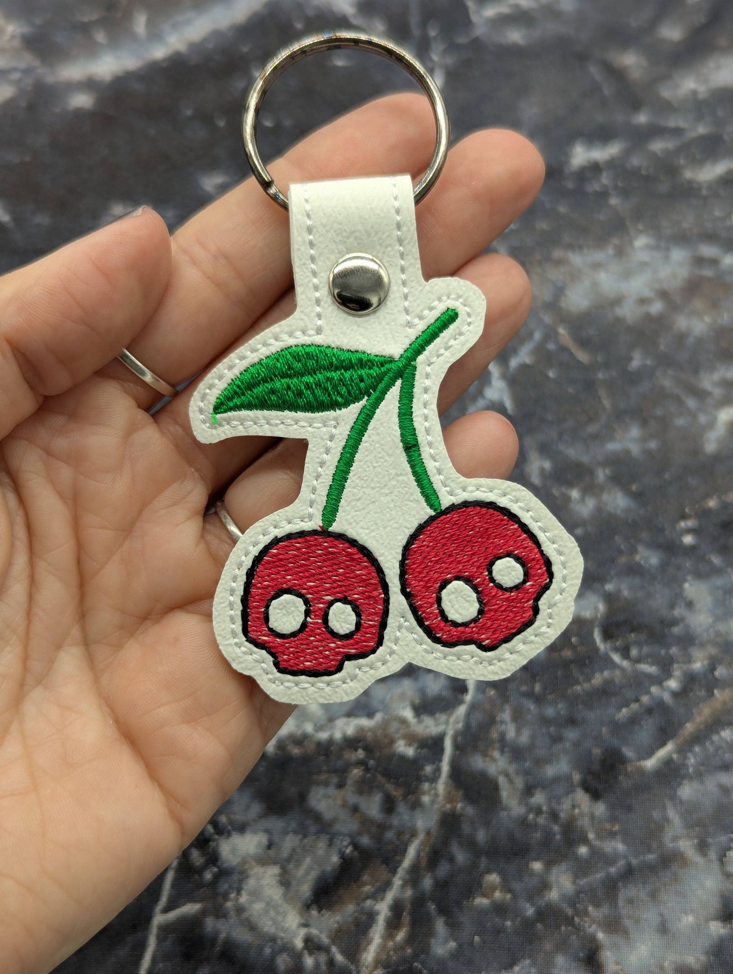 Skull Cherries Key Fob - White Faux Leather