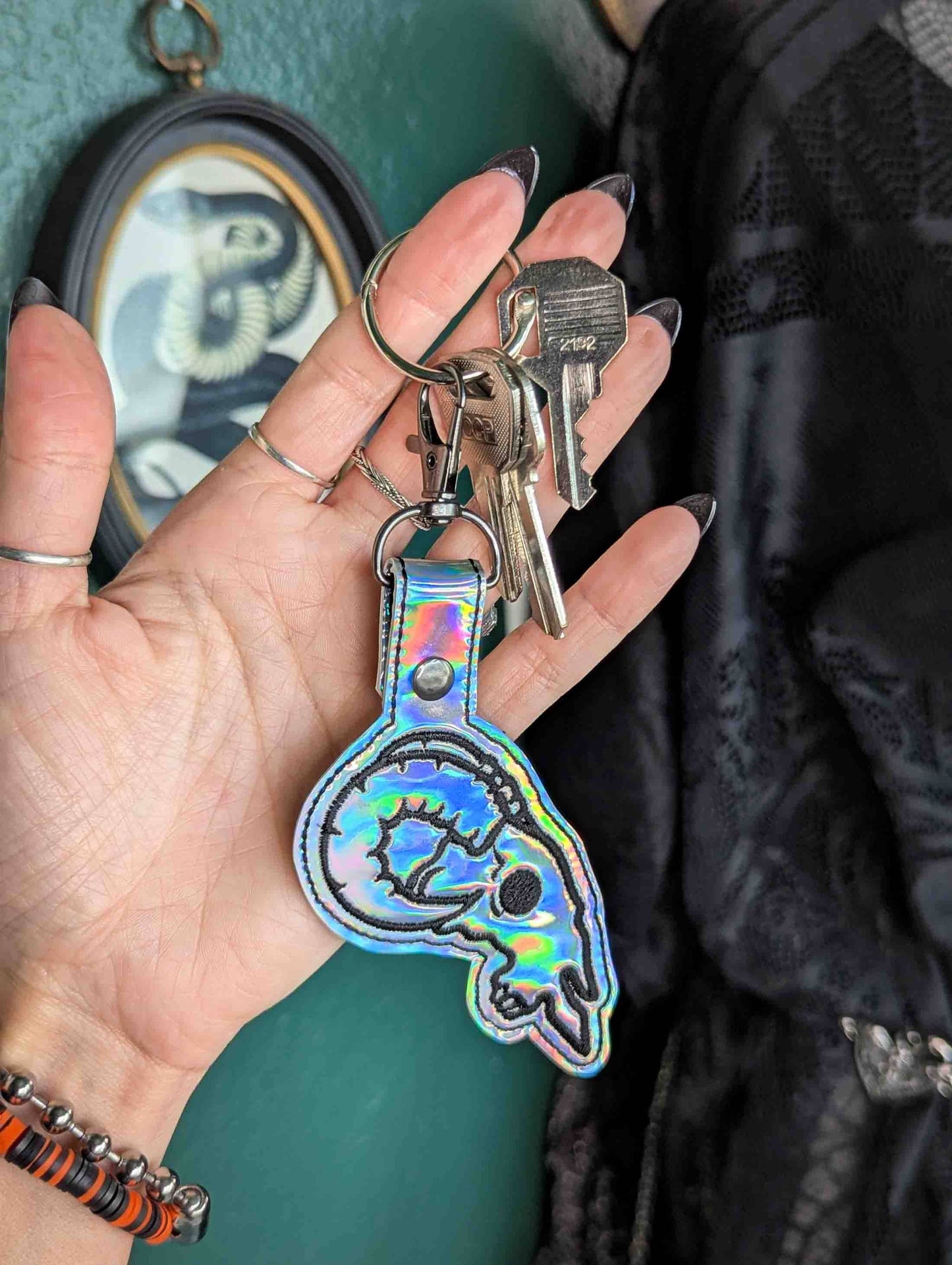 Silver Holo Ram Skull Embroidered Keychain - Holographic Vinyl with Gunmetal Hardware