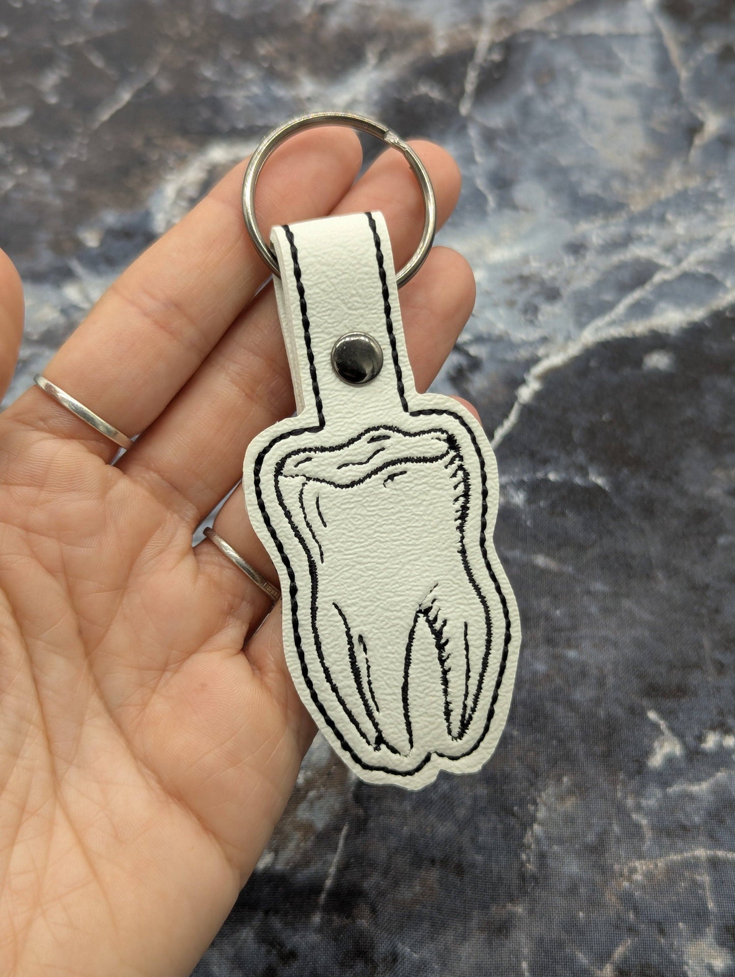 Wisdom Tooth Embroidered Keychain - White Faux Leather
