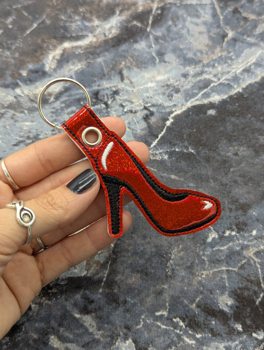 Red High Heel Embroidered Keychain - Red Holographic Sparkle